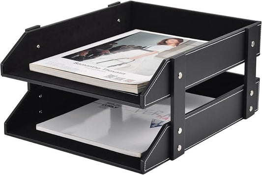 Leather Desk Organizer, 2-Tier Stackable Letter Tray Holder, Office Supplies by XNONE