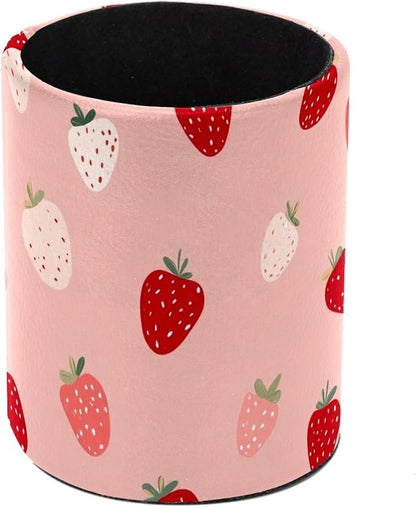 Leather Pen Holder for Desk Strawberries Pencil Cup Desktop Organizer Makeup by Unknown