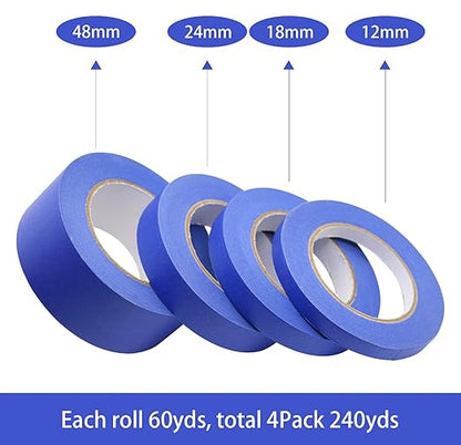 BOMEI PACK 4 Pack Blue Painters Tape, 1/2" 3/4" 1” 2” x 60yds, Clean Release - Image 2