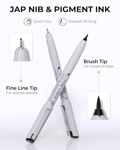 JusArt Fineliner Pens, 8 Size, Ultra Fine, Fine & Brush, Waterproof Black - Image 3