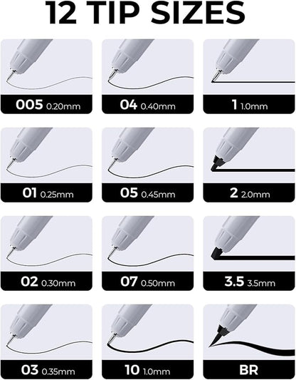 JusArt Fineliner Pens, Ultra Fine, Brush & Chisel, 12 Size, Waterproof Black - Image 2