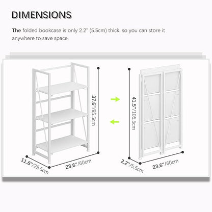 4NM No Assembly Folding Bookshelf Storage Shelves 3 Tiers Vintage Bookcase - Image 2