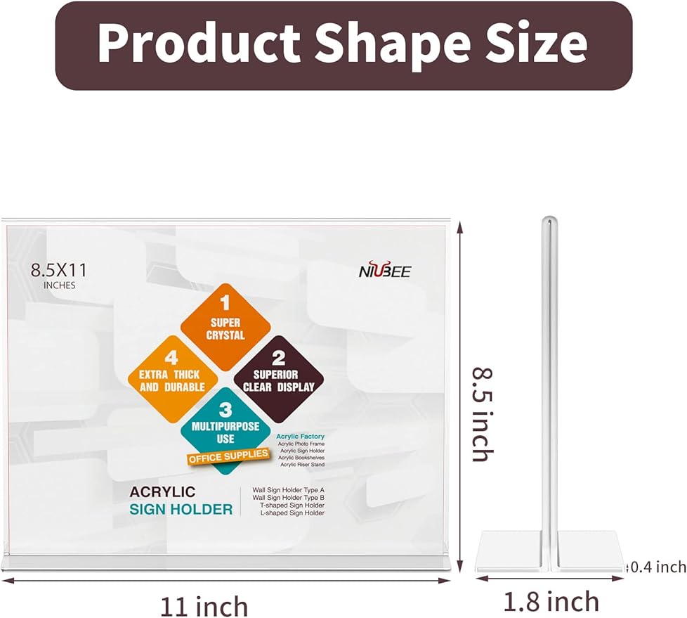 NIUBEE Acrylic Sign Holder 8.5x11 Inches 6 Pack Horizontal, T Shape Double - Image 2