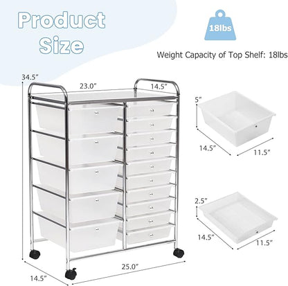 COSTWAY 15 Drawer Rolling Storage Cart, Utility Tools Paper Organizer on Wheels - Image 3