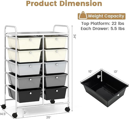 LDAILY 10 Drawer Rolling Cart, Storage Cart Organizer on Wheels, Drawer Cart - Image 3