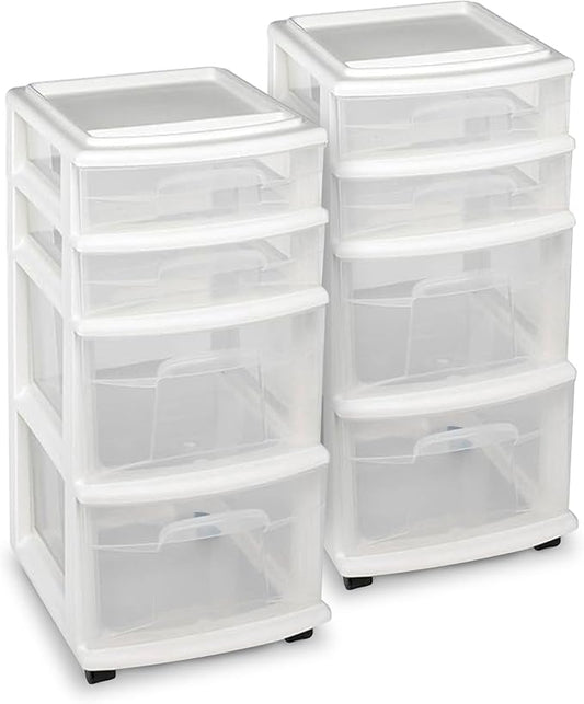 HOMZ 2-Pack Drawer Tower, 4-Tier Clear Plastic Storage Organizer Cart, and by Homz