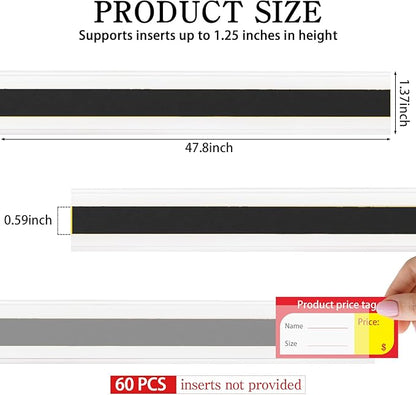60 Pcs 47.8 x 1.37 Inch Shelf Label Strips Black Clear PVC Ticket Channel Back - Image 3