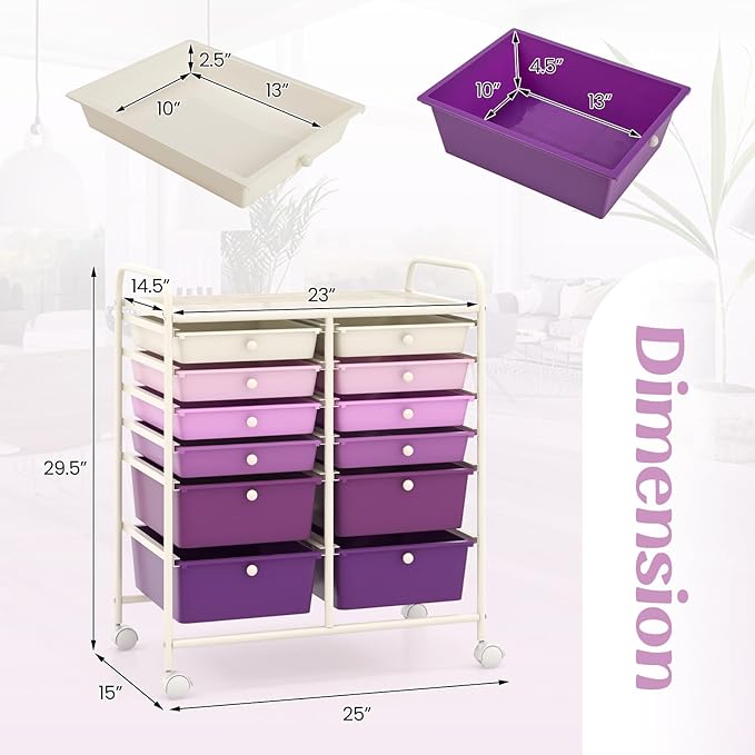 Happygrill 12-Drawer Rolling Storage Cart, 2 Sizes Plastic Drawers & Metal Shelf - Image 2