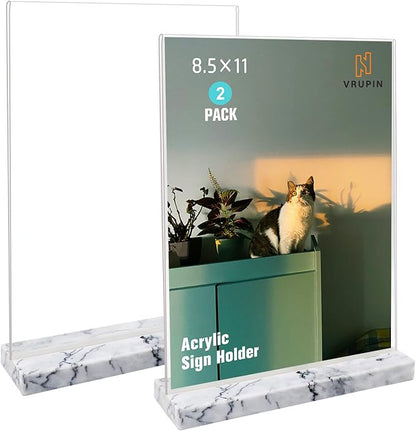 vrupin 2 Pack 8.5x11 Acrylic Sign Holder, Acrylic Frame Natural Marble Base by Vrupin