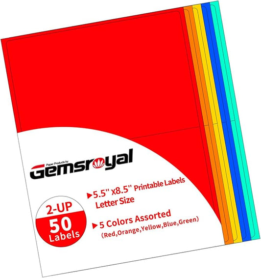 Gemsroyal Colored Half Sheet Shipping Labels Printable, 5.5"×8.5" Half Page by Gemsroyal