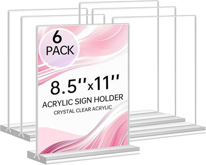 Yeahjiae 6 Pack T-Shaped Acrylic Sign Holder 8.5 x 11, Double Sided Clear Stand by Yeahjiae