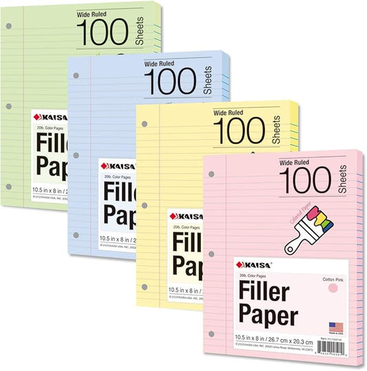 Kaisa Filler Paper Colored loose Leaf Paper, Wide Ruled 8x10.5in Colored Paper by KAISA