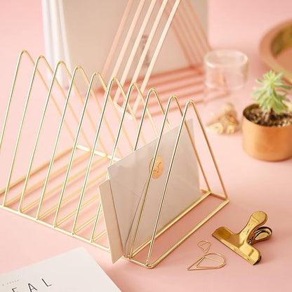 Sooyee 9 Slot Rose Gold Magazine Holder, Desktop File Sorter Organizer Triangle - Image 6