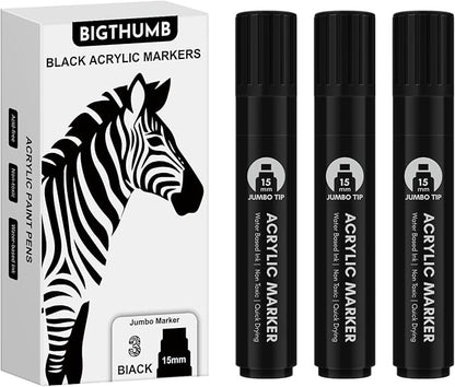 BIGTHUMB 3 Pcs Black Jumbo Permanent Markers: 15mm Wide Tip Thick Acrylic Paint - Image 2