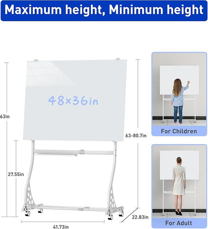 Mobile Glass Whiteboard, 48 x 36 inch Glass Board/w Height Adjustable, Large - Image 3