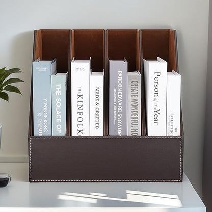 KINGFOM 4-Slot Wood Leather Document Files Holder Rack Stand Desk Files - Image 2