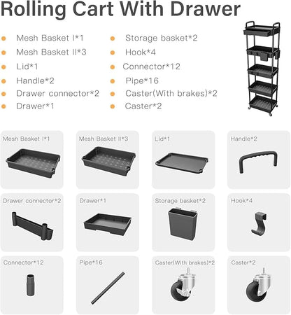 Sorgion 5 Tier Rolling Cart Organizer, Bathroom Cart Organizers - Image 7