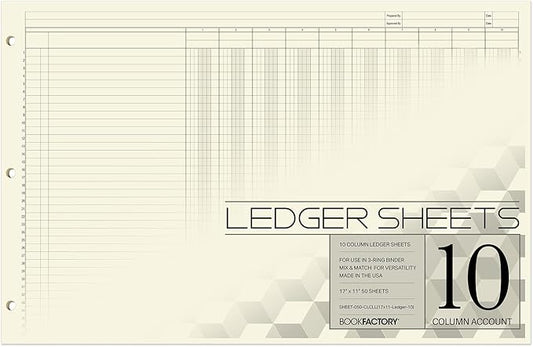 BookFactory Ledger Sheets/Large 10 Column Accounting Ledger Columnar Loose Leaf by BookFactory