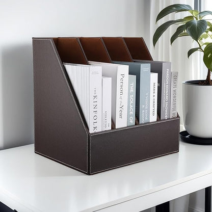 KINGFOM 4-Slot Wood Leather Document Files Holder Rack Stand Desk Files - Image 6