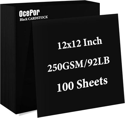 OcePor 100 Sheets Black Cardstock 12” x 12”, 92lb/250gsm Black Card Stock by OcePor