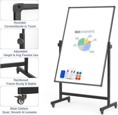 Rolling Whiteboard on Wheels, Double-Sided Magnetic Dry Erase Board - Image 3
