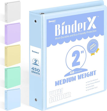 BinderX Extra Durable 3 Ring Binder, Round Ring 2 Inch Binders, Fits 450 Sheets by Sooez