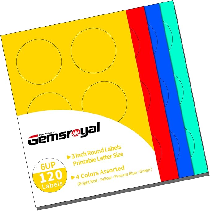 Gemsroyal 3 inch Colored Round Labels Printable, 3 Colorful Custom Round by Gemsroyal