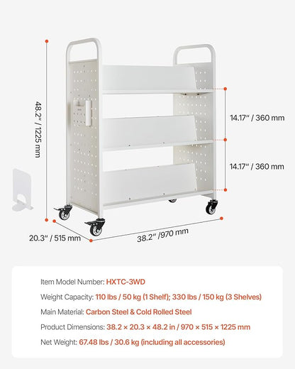 VEVOR Rolling Library Book Cart, 330 lbs Capacity, 38.2 x 20.3 x 48.2-Inch - Image 3