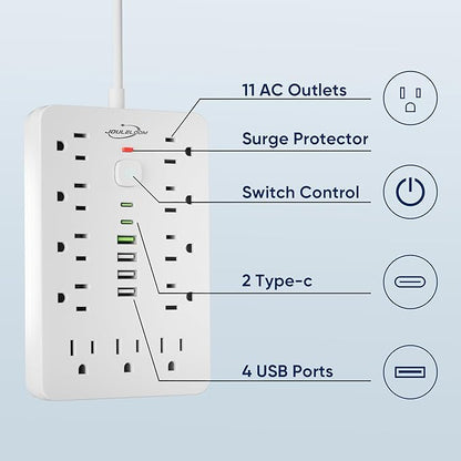 JouleLoom 10 FT Flat Plug Surge Protector Power Strip, 11 Multiple AC Outlets - Image 5