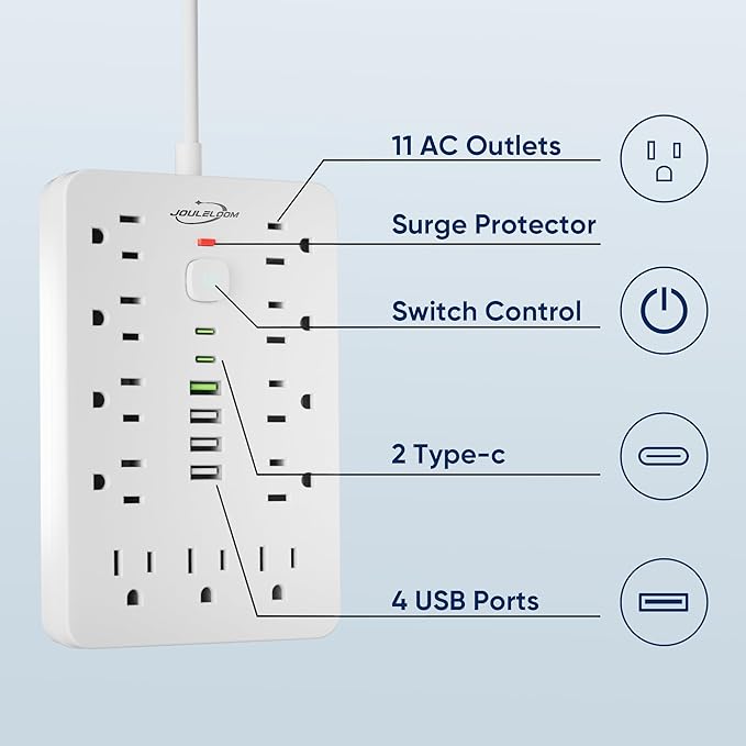 JouleLoom 15 FT Flat Plug Surge Protector Power Strip, 11 Multiple AC Outlets - Image 3