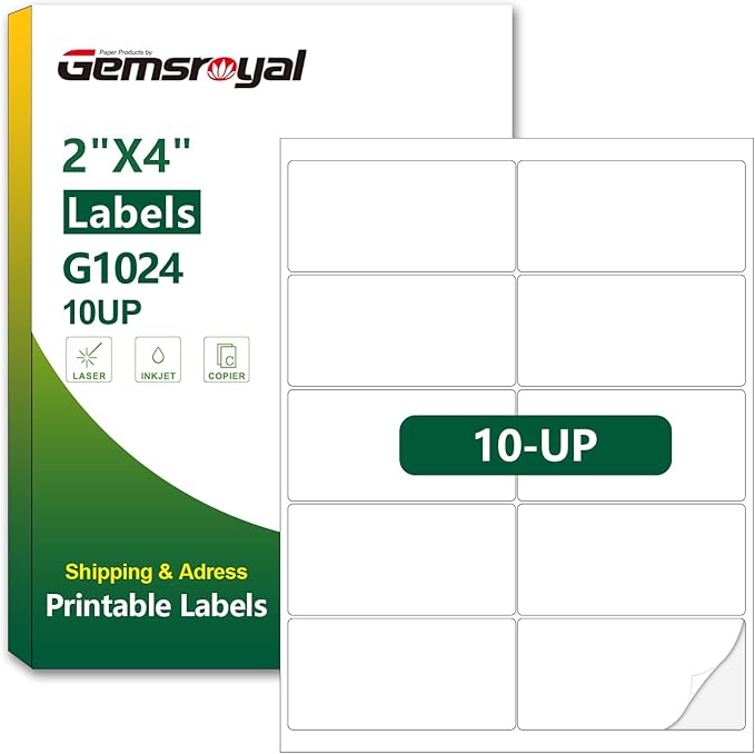 Gemsroyal 2"×4" Address Labels Printable, 4×2 inch White Matte Shipping Label by Gemsroyal