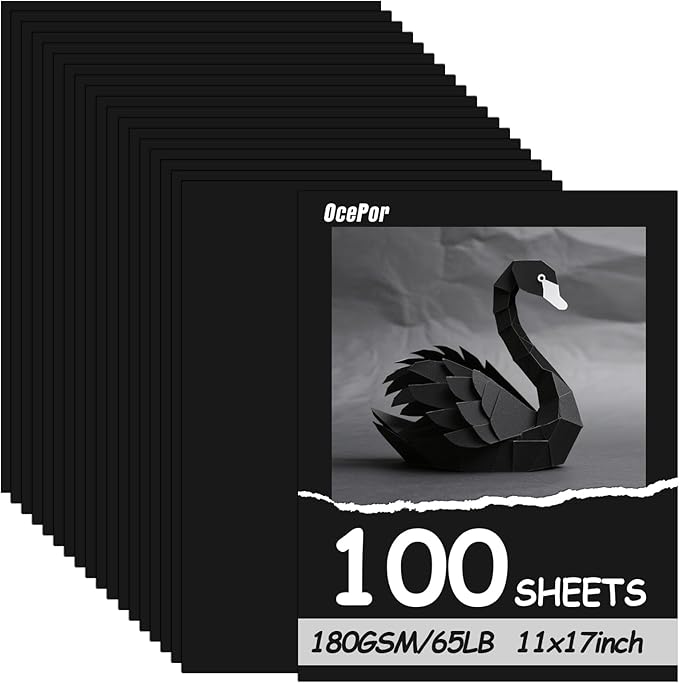 OcePor 100 Sheets Black Cardstock 11” x 17”, 65lb/180gsm Black Card Stock by OcePor
