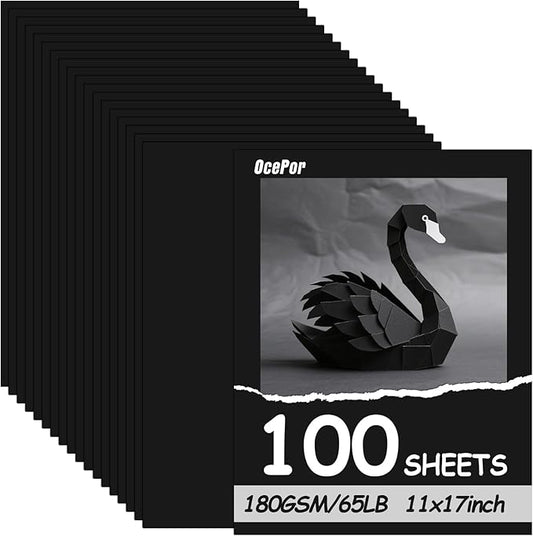 OcePor 100 Sheets Black Cardstock 11” x 17”, 65lb/180gsm Black Card Stock by OcePor