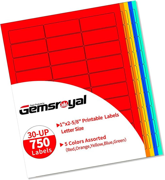 Gemsroyal Colored Address Labels Printable 1”×2-5/8", 5 Colors Assorted by Gemsroyal