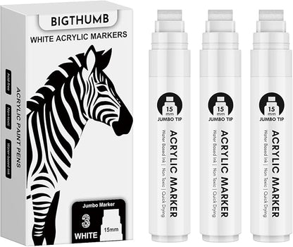 BIGTHUMB Thick White Jumbo Poster Markers: 3 Pcs 15mm Wide Tip Large Acrylic by BIGTHUMB