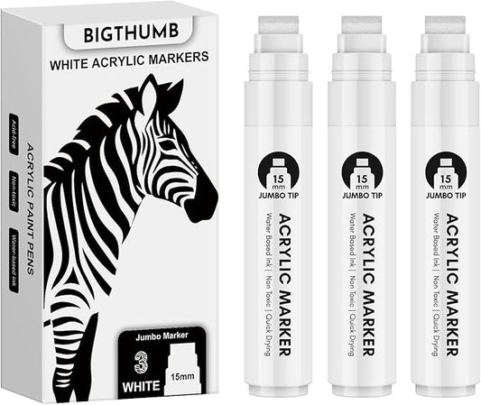 BIGTHUMB Thick White Jumbo Poster Markers: 3 Pcs 15mm Wide Tip Large Acrylic by BIGTHUMB