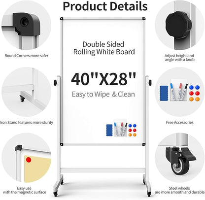 40x28 Inches Mobile Whiteboard, Double Sided Magnetic Dry Erase Board Height - Image 2