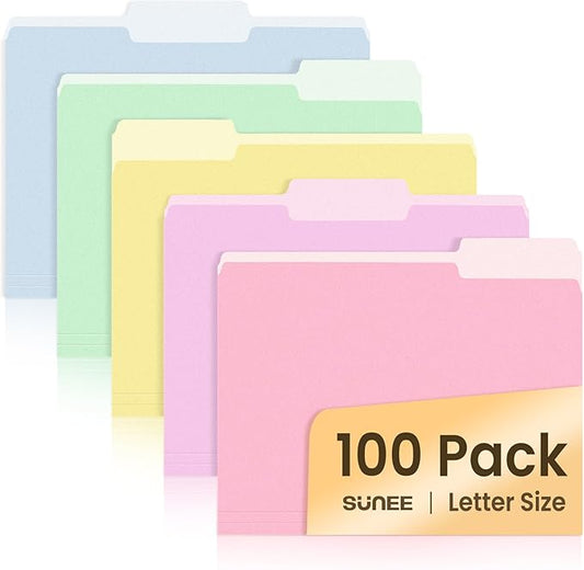 SUNEE File Folders, 100 Pack Manila File Folders 1/3 Cut Letter Size, Colored by SUNEE
