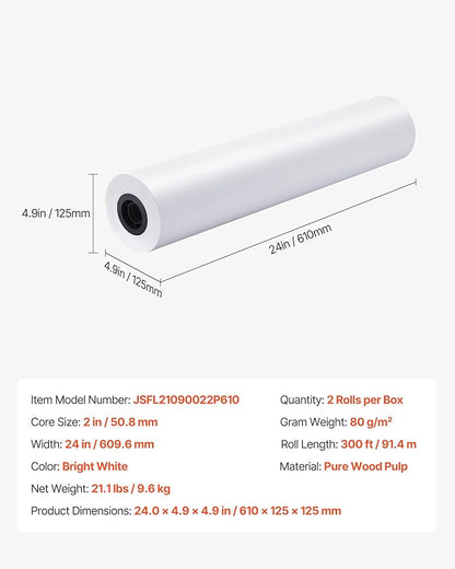 VEVOR Wide Format Paper, 24 in x 300 ft Plotter Roll, 2 Rolls CAD Bond Rolls - Image 7