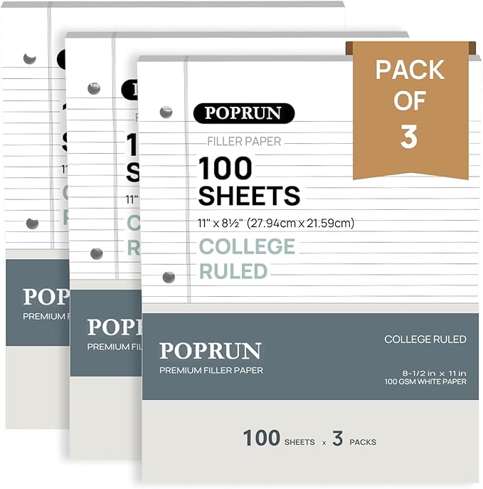POPRUN Loose Leaf Paper, 8.5" x11" College Ruled, 100GSM / AA Grade Bulk Lined by POPRUN