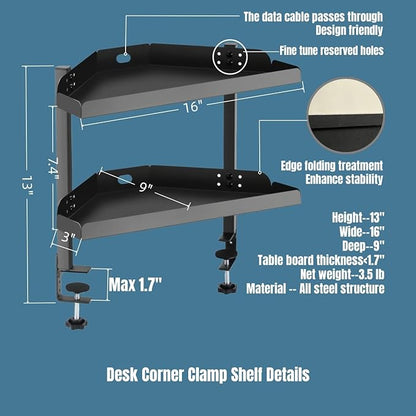 Yuxh Clamp On Desk Corner Shelf 2 Tier Cilp Under Table Corner Organizer - Image 2