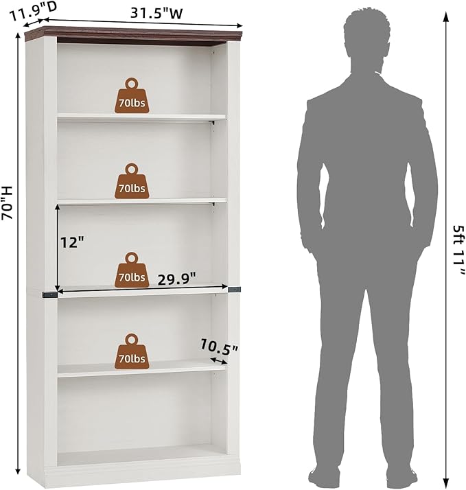 RWYHG 70" White Tall Bookshelf Set of 2, 5-Tier Thick Wooden Book Shelf - Image 2