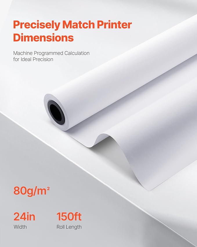 VEVOR Wide Format Paper, 24 in x 150 ft Plotter Roll, 8 Rolls CAD Bond Rolls - Image 3