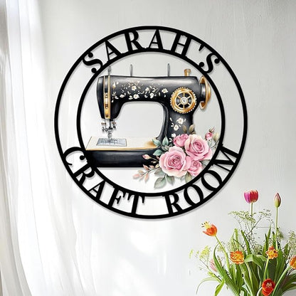 Custom Sewing Machine Metal Sign, Personalized Name Flowers Sewing Sign by Unknown
