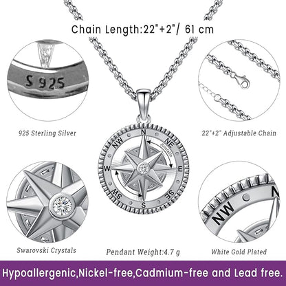 Compass Necklace for Women Men 925 Sterling Silver Pendant Urn Necklaces for - Image 3