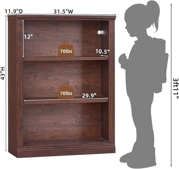 RWYHG 43" Walnut Tall Bookshelf Set of 2, 3-Tier Thick Wooden Book Shelf - Image 2