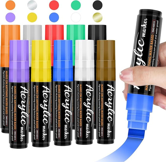 Jesew Acrylic Paint Markers, 10 Jumbo Colored Markers, 15mm Jumbo Felt Tip by Jesew