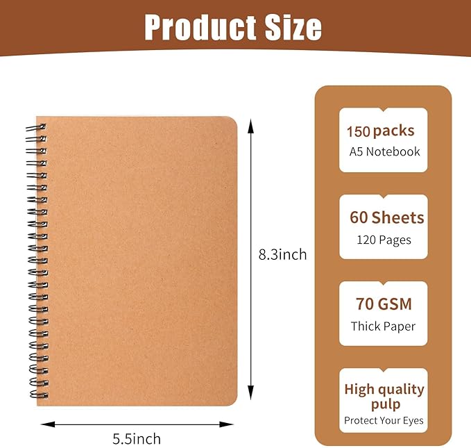 miikoul 150 Packs A5 Spiral Notebooks, 60 Sheets/120 Pages, Hardcover Lined - Image 2