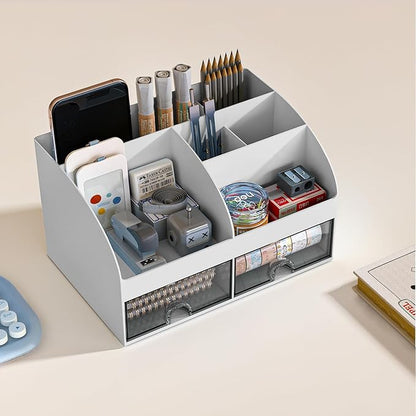 Desk Organizer with 6 Compartments and 2 Drawers, Plastic Makeup Organizer - Image 2