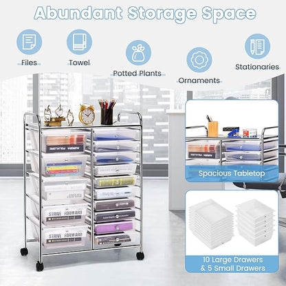 COSTWAY 15 Drawer Rolling Storage Cart, Utility Tools Paper Organizer on Wheels - Image 4